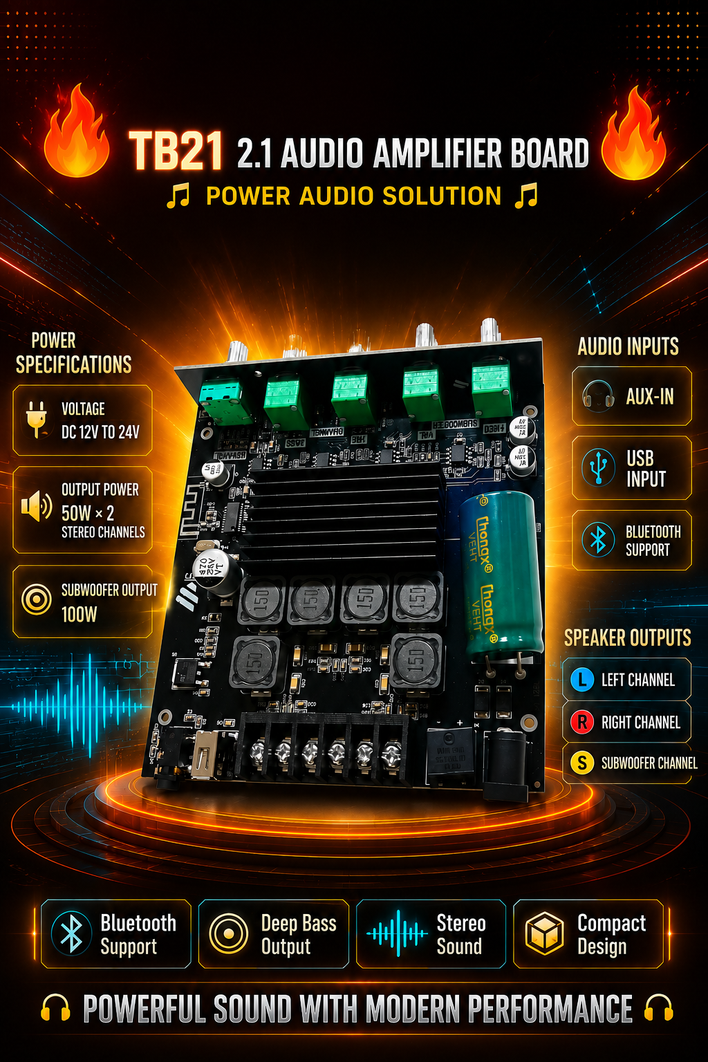 TB21 2.1 AUDIO AMPLIFIER BOARD WITH CONTROL